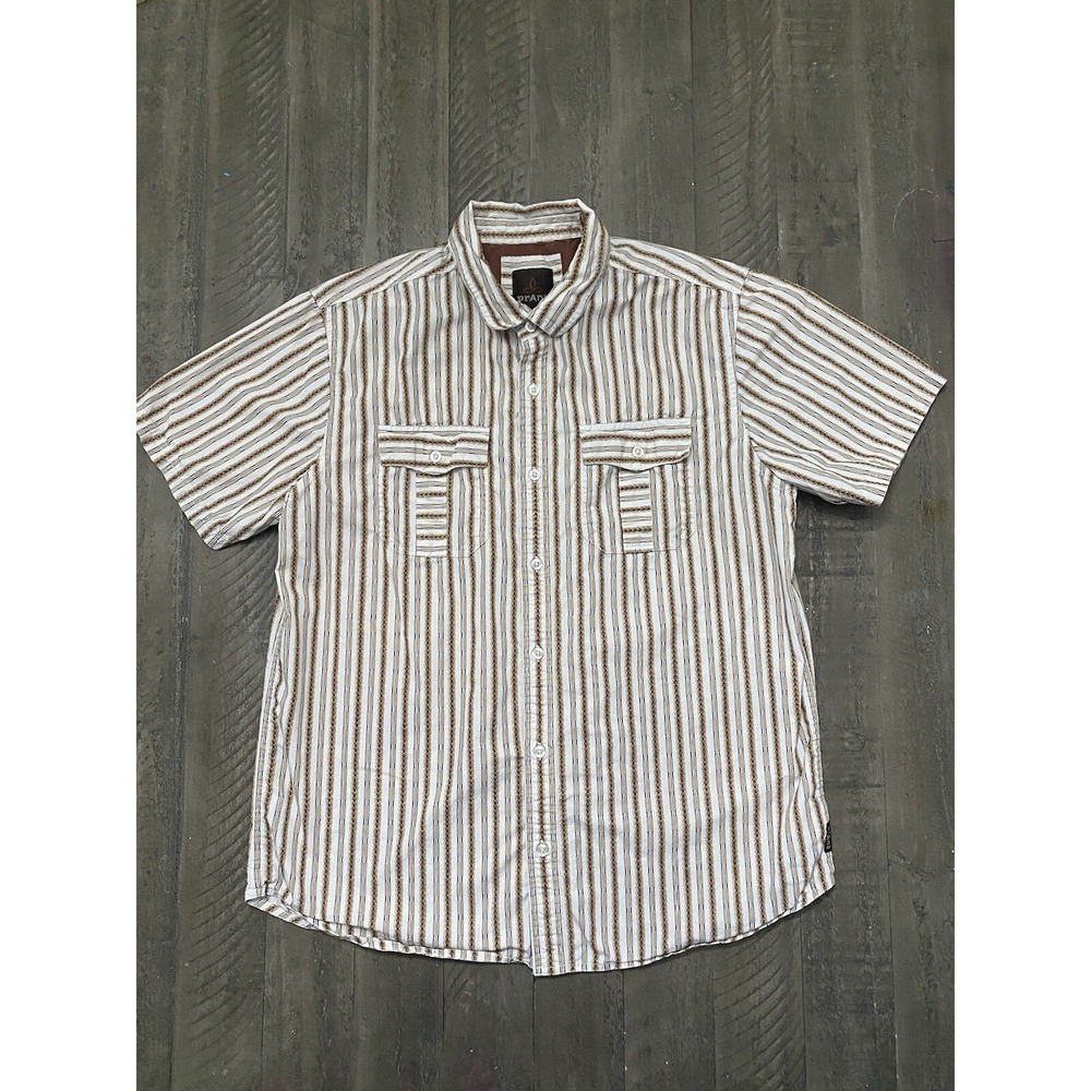 Prana Torres Button Up Shirt Striped Chest Pockets Organic Cotton Men Size Large